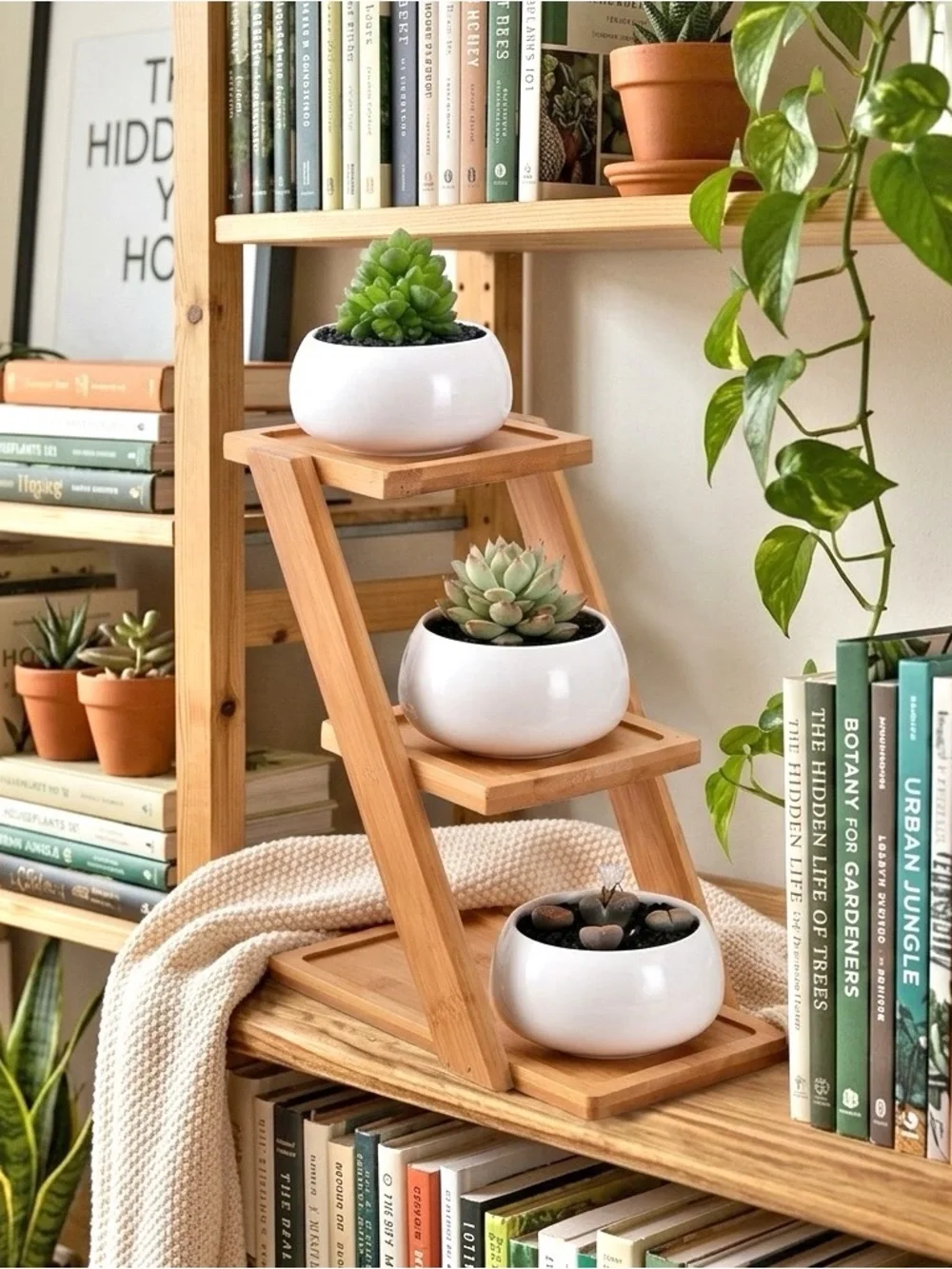 Three Tiered Bamboo Plant Stand with 3 Mini Ceramic Pots Minimalist Hygge Decor